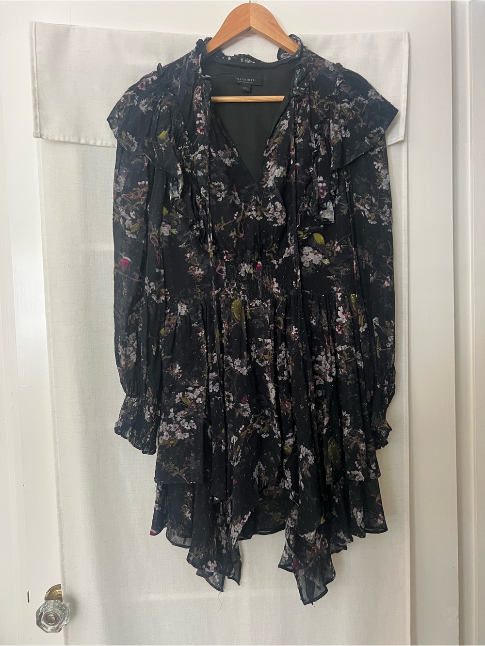 All Saints Black Floral Ruffle Tiered Long-Sleeve Dress US 6
